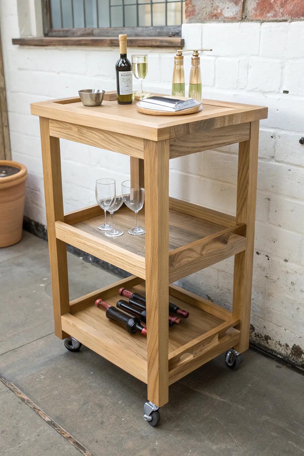 Mini mobile bar with a thick wood top—compact, cozy, and ready to roll anywhere.