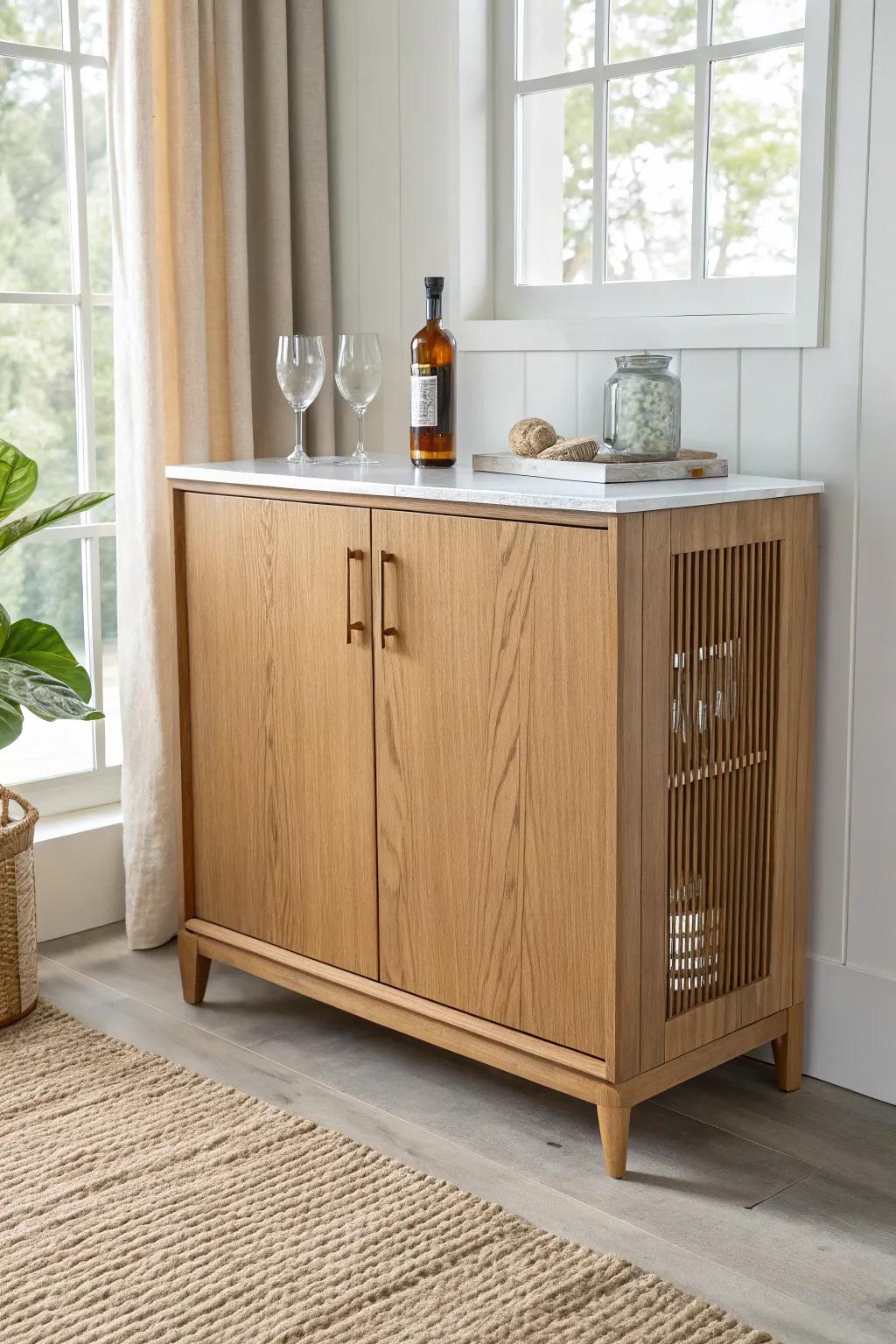 Stone-top bar cabinet in warm oak—modern, spill-friendly, and effortlessly elevated.