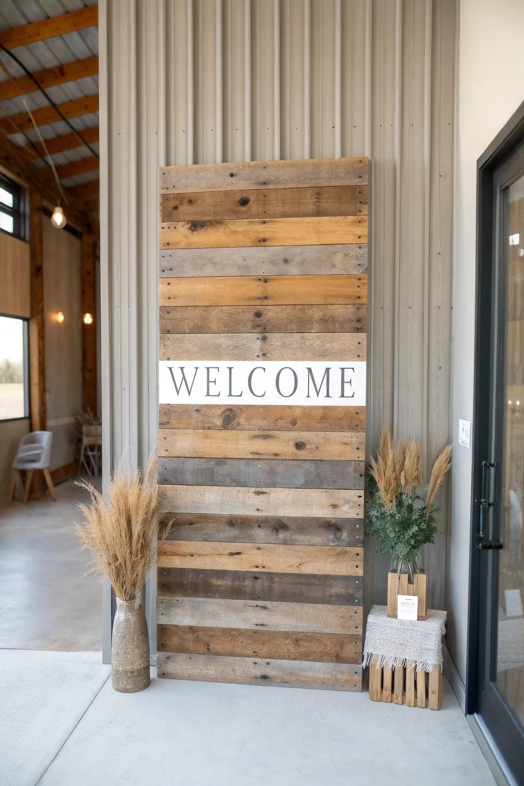 Reclaimed wood slat welcome wall: modern barn entry style with minimalist sign + boho stems.