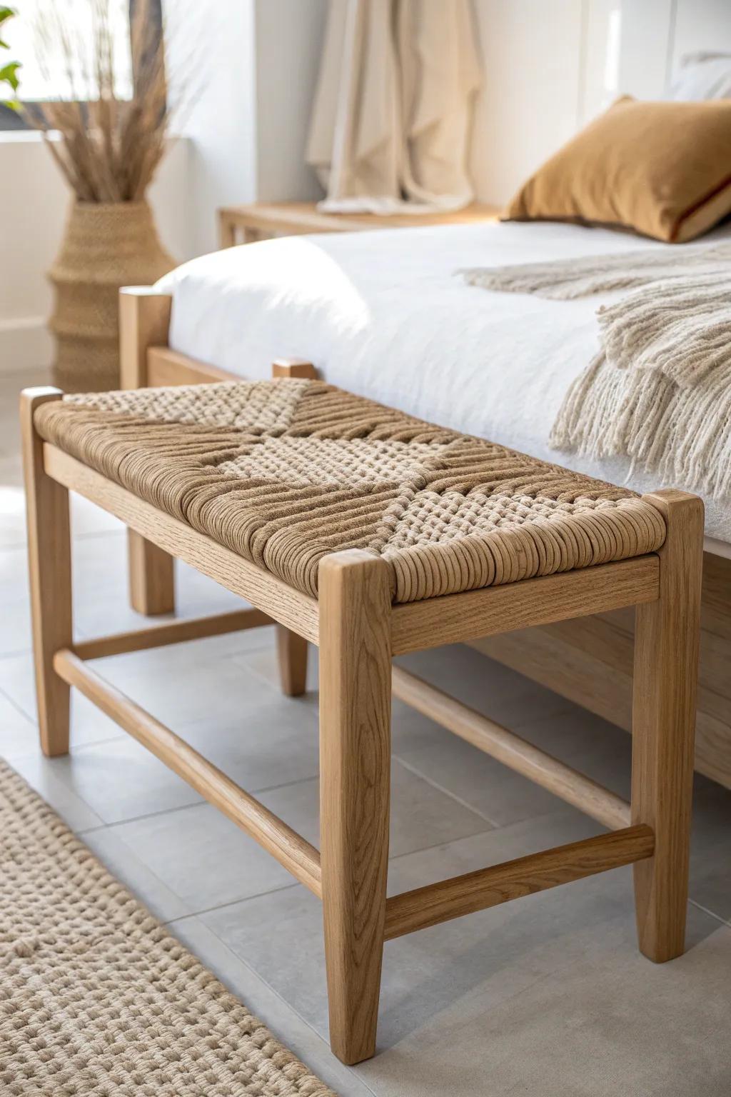 Light oak bench with a hand-woven rope seat—minimal, cozy texture for the foot of the bed.