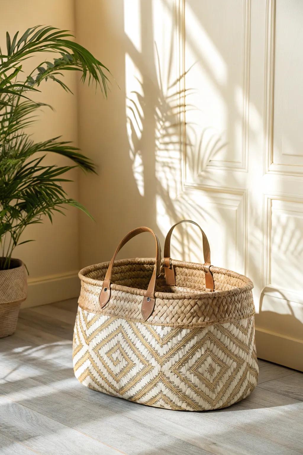 A woven basket that hides bedroom clutter while keeping your modern boho space serene.