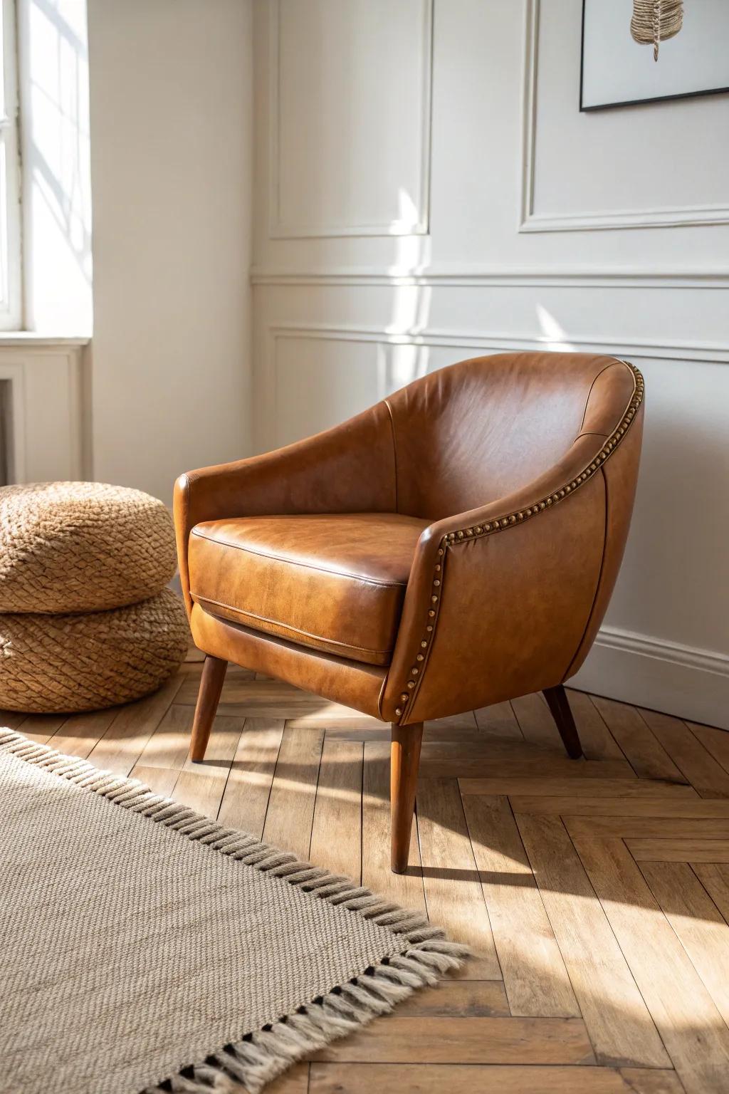 A caramel accent chair adds warm brown style—without darkening your walls or shrinking the room.