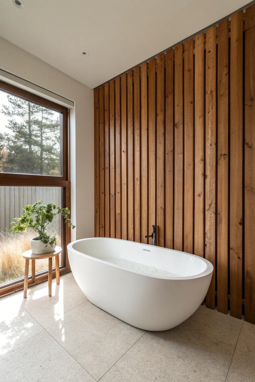Crisp freestanding tub + warm cedar feature wall for modern, spa-like bathroom contrast.