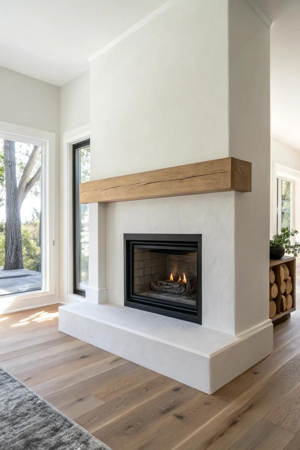 Smooth white plaster corner fireplace with slim oak mantel—calm, modern, and warm.