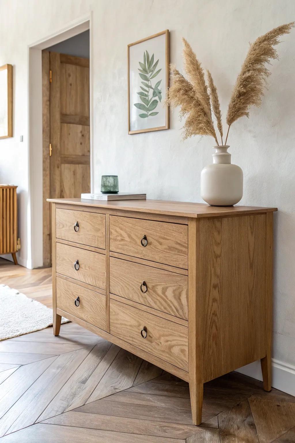 Refinish a thrifted vintage console with a smooth stain and understated hardware for modern country calm.
