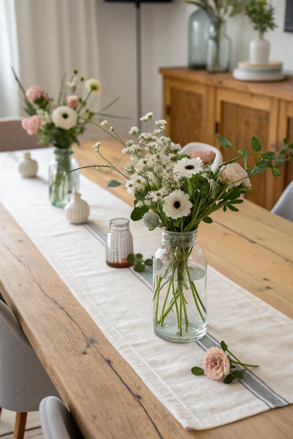 A minimalist bud-vase runner keeps the table airy, modern, and guest-friendly for dinners.