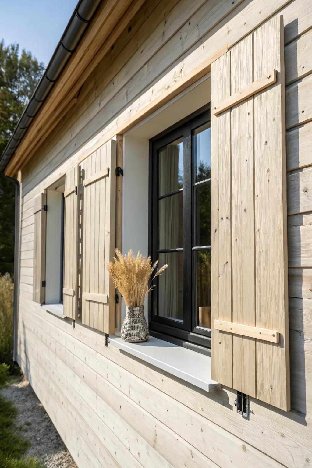 Slim plank false shutters add modern width and warmth—clean lines, natural wood, zero fuss.