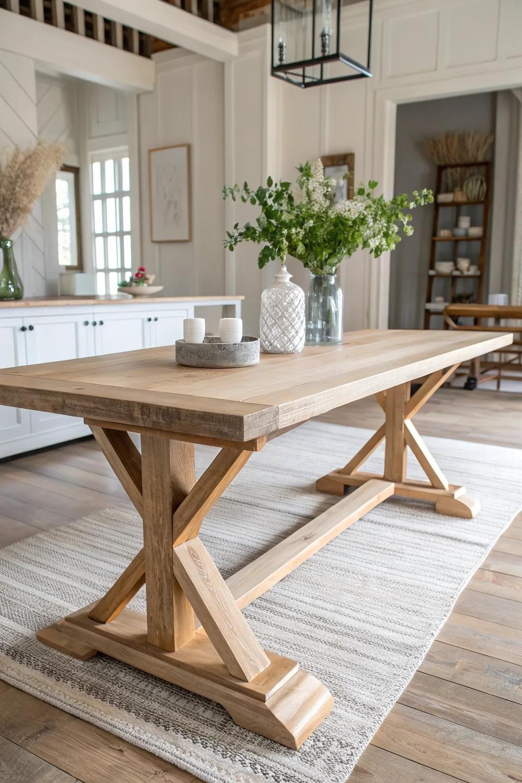 Oversized trestle farmhouse table in natural oak—clean joinery, warm grain, modern simplicity.