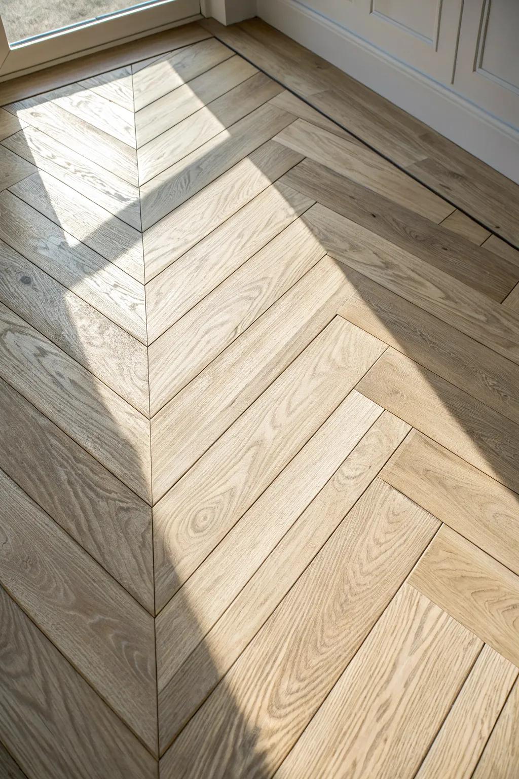 Crisp chevron wood flooring brings modern geometry to a warm farmhouse dining nook.