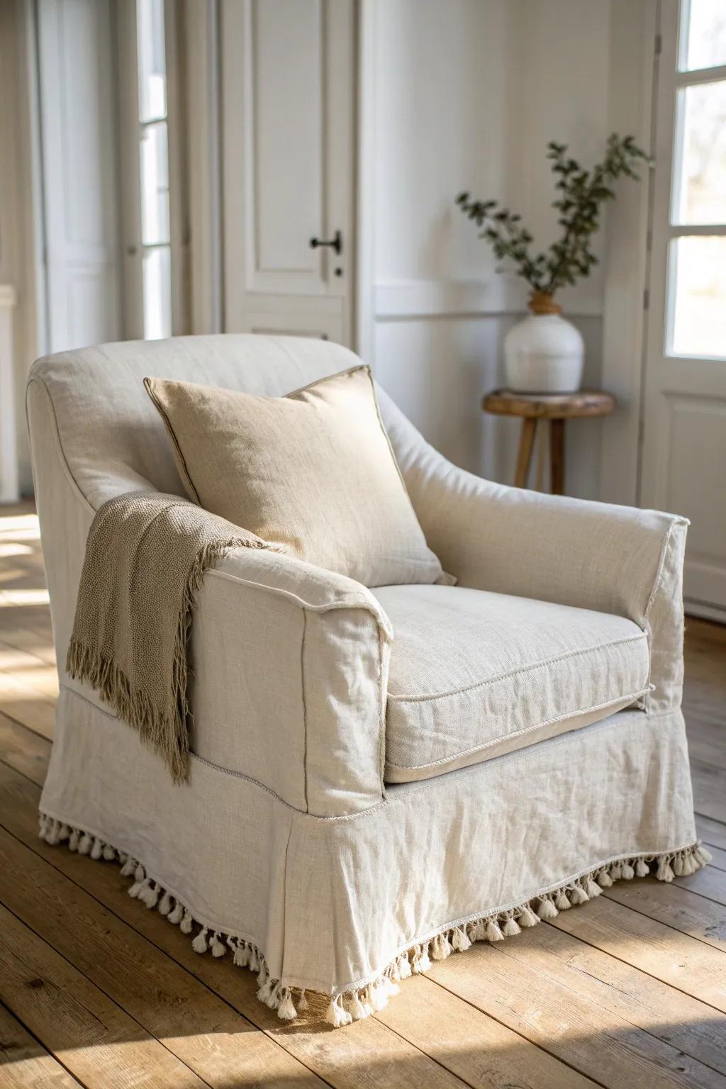 Slipcovered linen seating: the easiest modern farmhouse way to soften wood and metal.