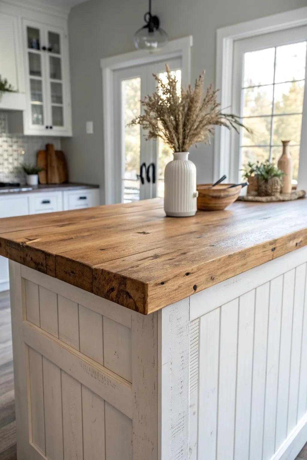 Reclaimed wood island top brings warmth and character to sleek modern farmhouse counters.