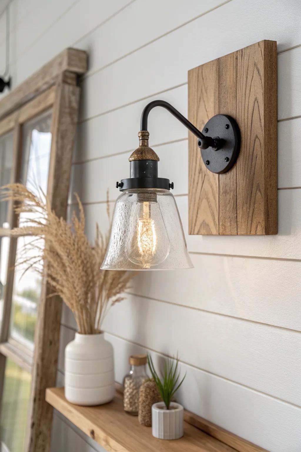 Vintage barn-style sconce + warm bulb = curated, flattering glow for a modern farmhouse bath.