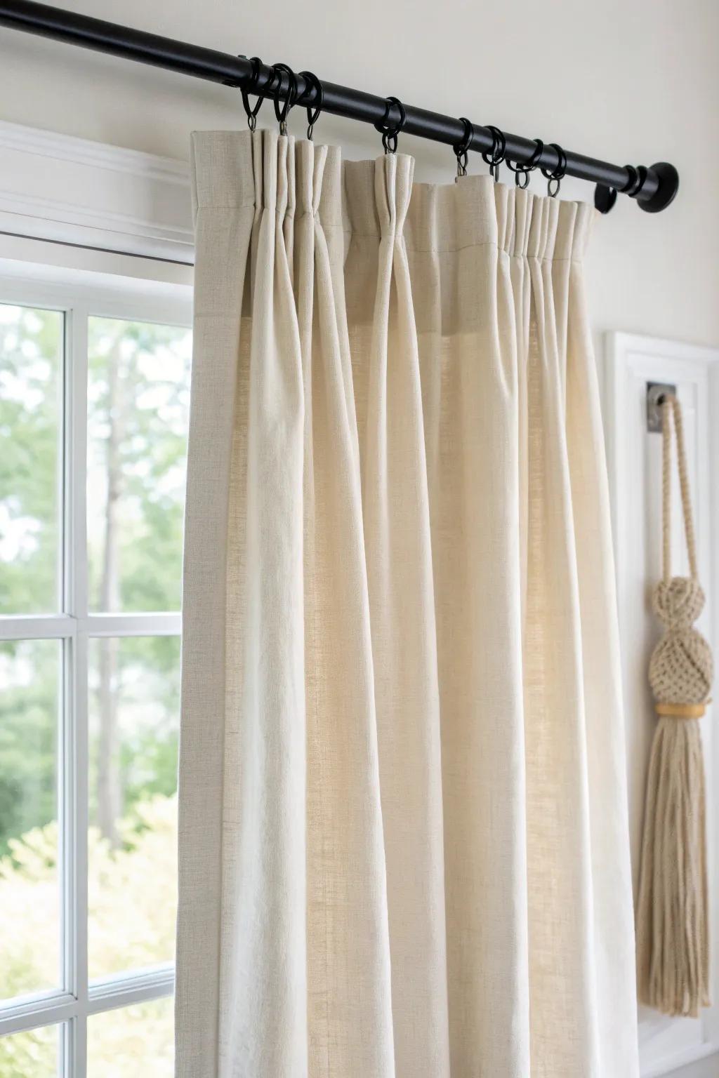 Off-white linen pinch-pleat drapes for a tailored farmhouse look—soft, crisp, and airy.