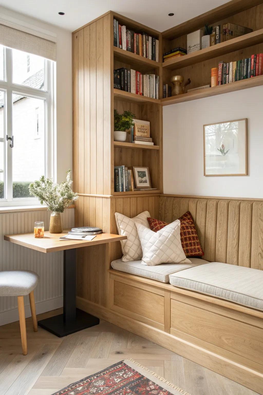 A café-style built-in banquette library nook—clean oak panels, soft linens, modern calm.