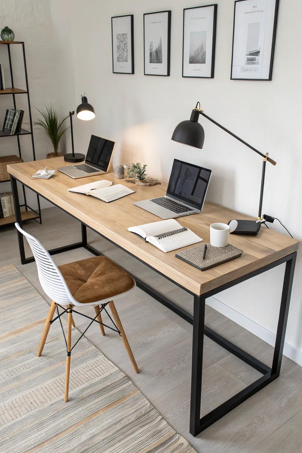 A long oak shared desk with mirrored setups—twice the workspace, one calm, modern studio feel.