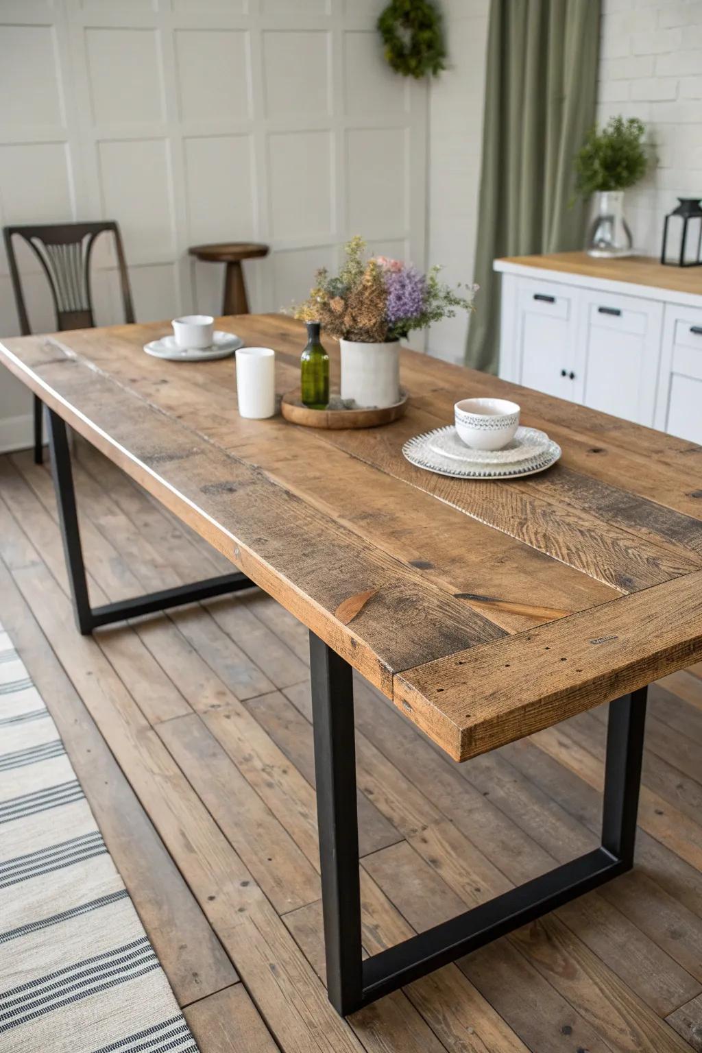 Rustic reclaimed wood meets slim black steel—modern cabin dining table perfection.