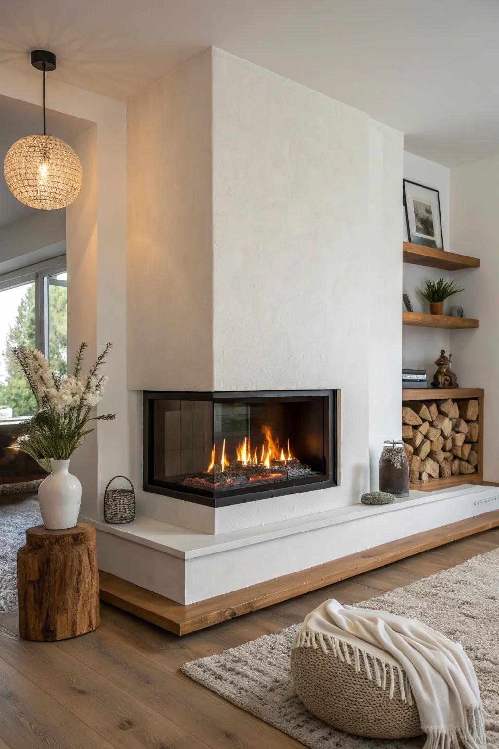 A sharp-lined corner fireplace framed in walnut—modern glow without giving up wall space.