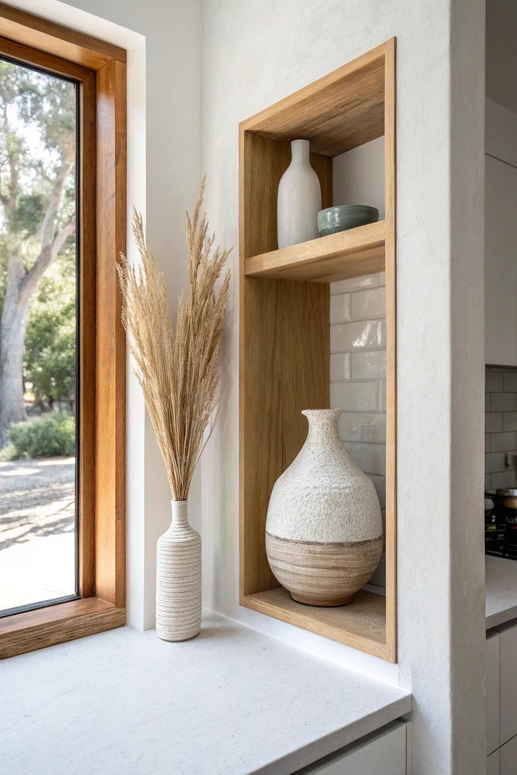 Flush recessed oak-trim niche shelving—clean, modern, and perfect for ceramics or plants.