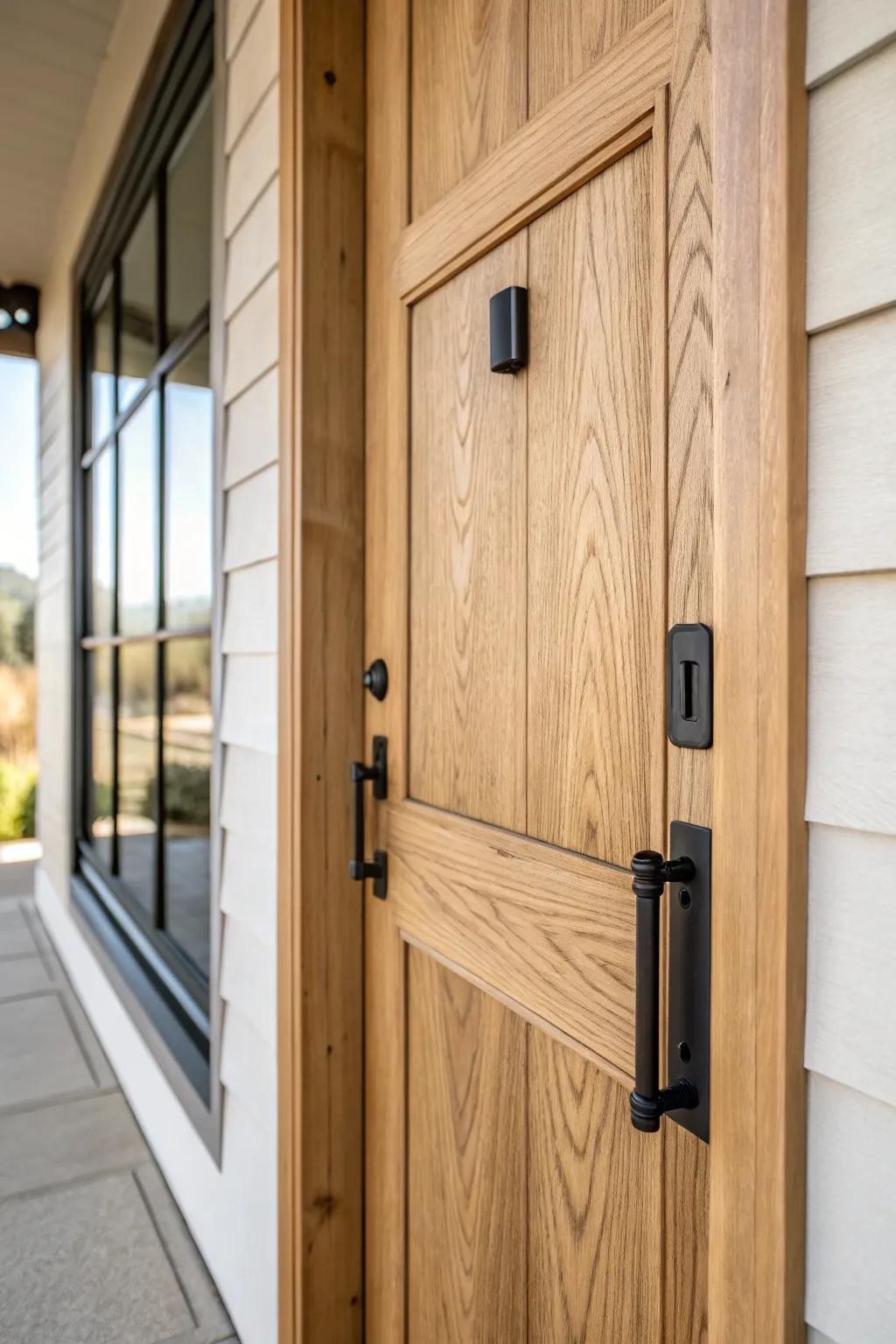 Warm oak tones meet matte-black hardware for a modern rustic entryway that feels refined.