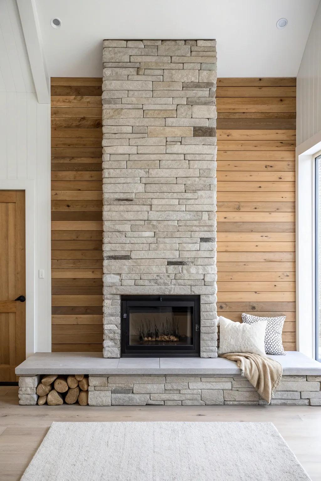 Stone center, oak slats on the sides—modern rustic contrast that feels custom and calm.