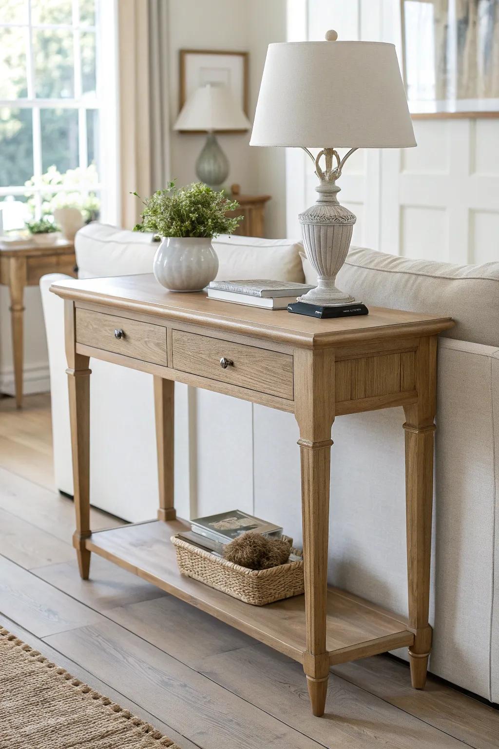 A slim oak sofa-back console adds structure to open layouts—classic legs, clean top.