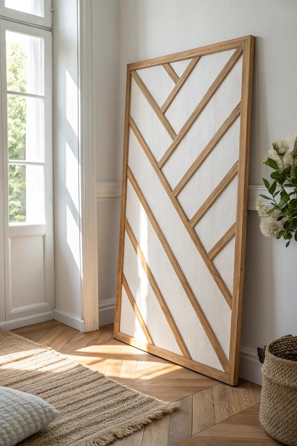 Diagonal geometric trim in natural oak—modern wall-sculpture vibes with clean, crafted lines.