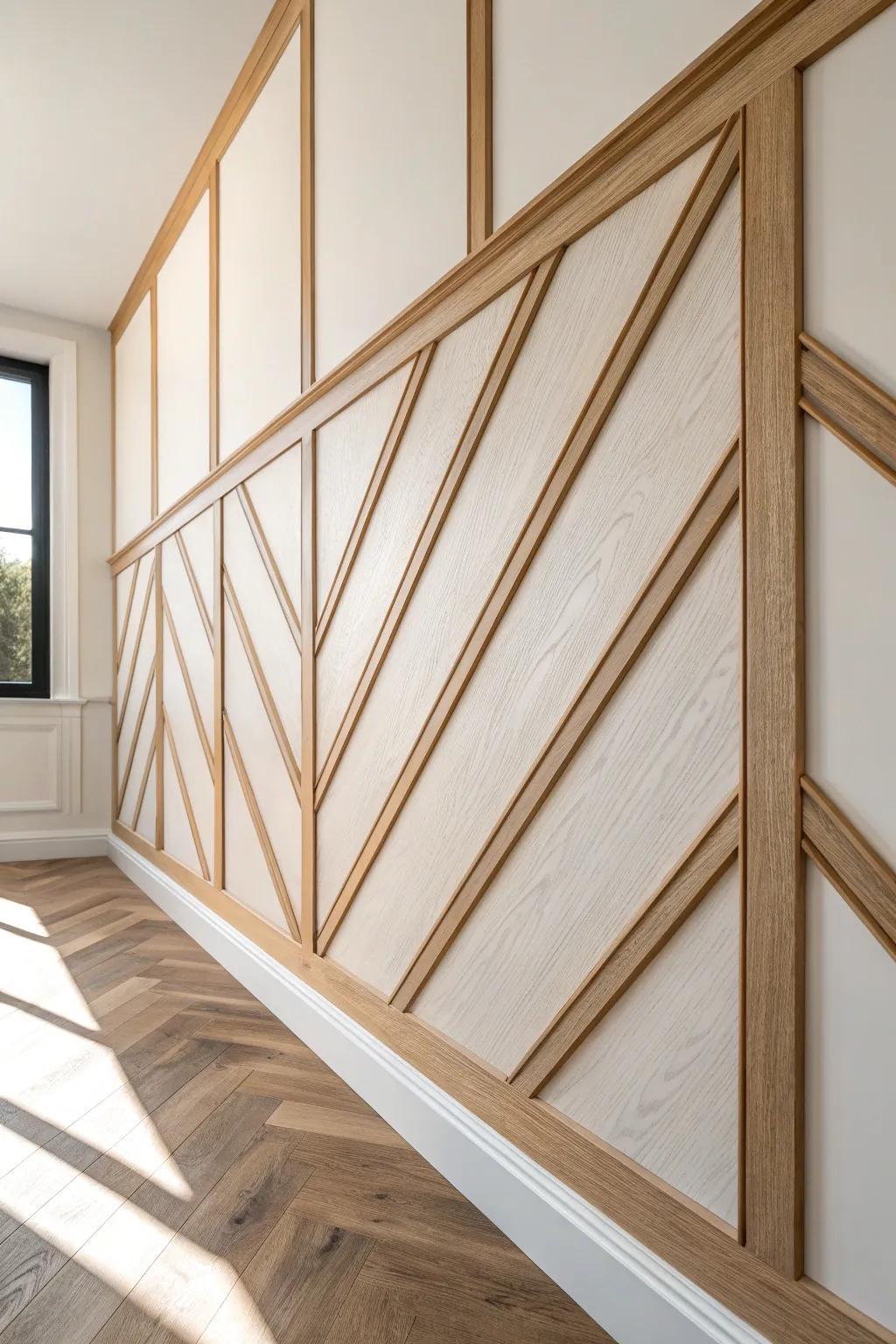 Give box molding modern energy—tilt the rectangles into a clean diagonal layout with warm oak.