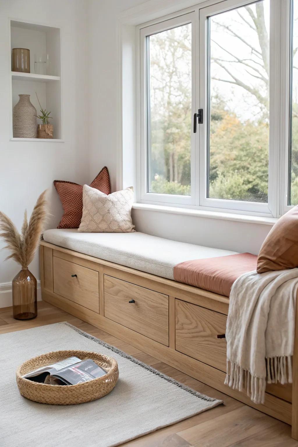 A seamless oak window seat with hidden drawers—calm bedroom style and bonus storage.