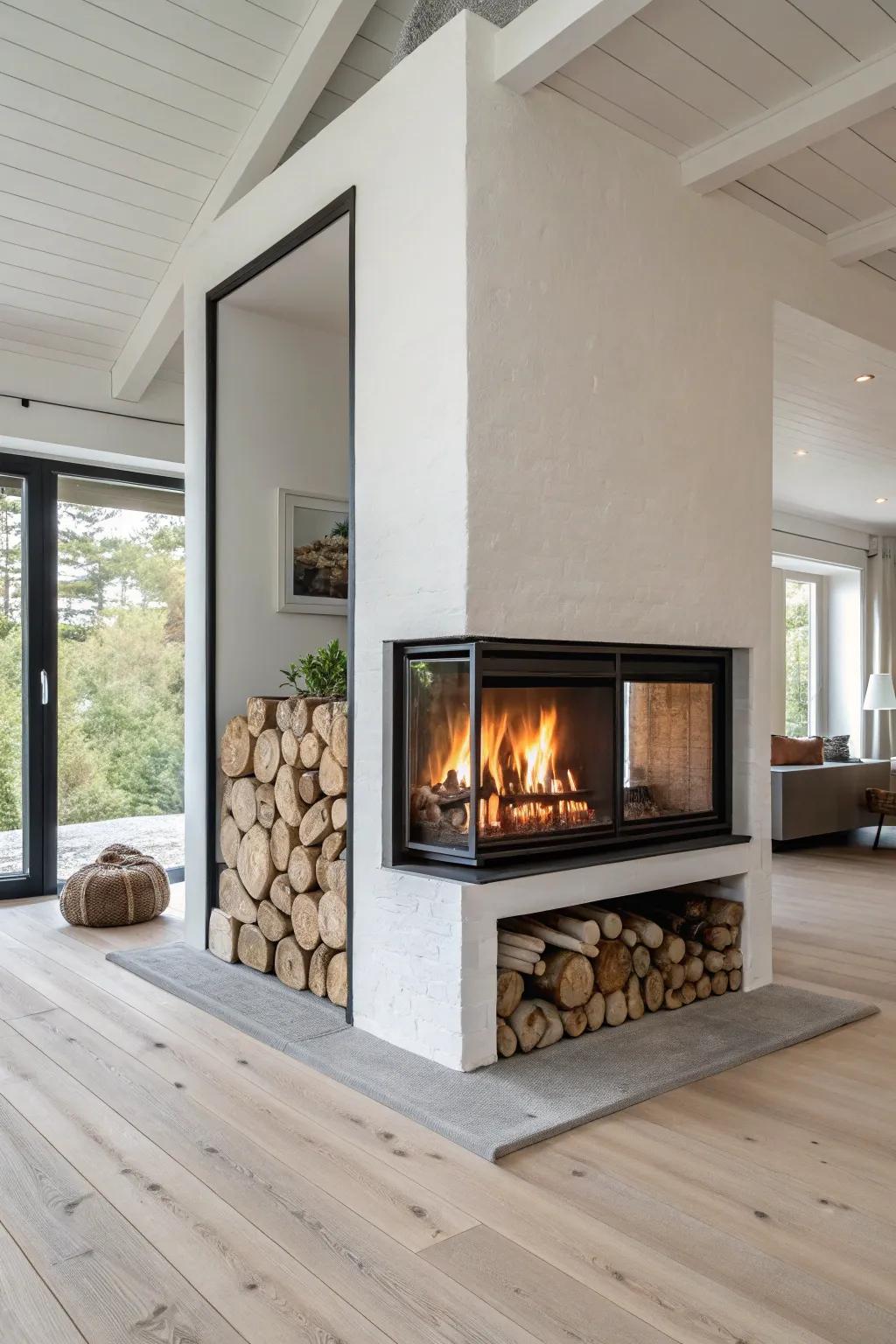 A sleek double-sided wood fireplace divider—warm glow, clean lines, effortless connection.