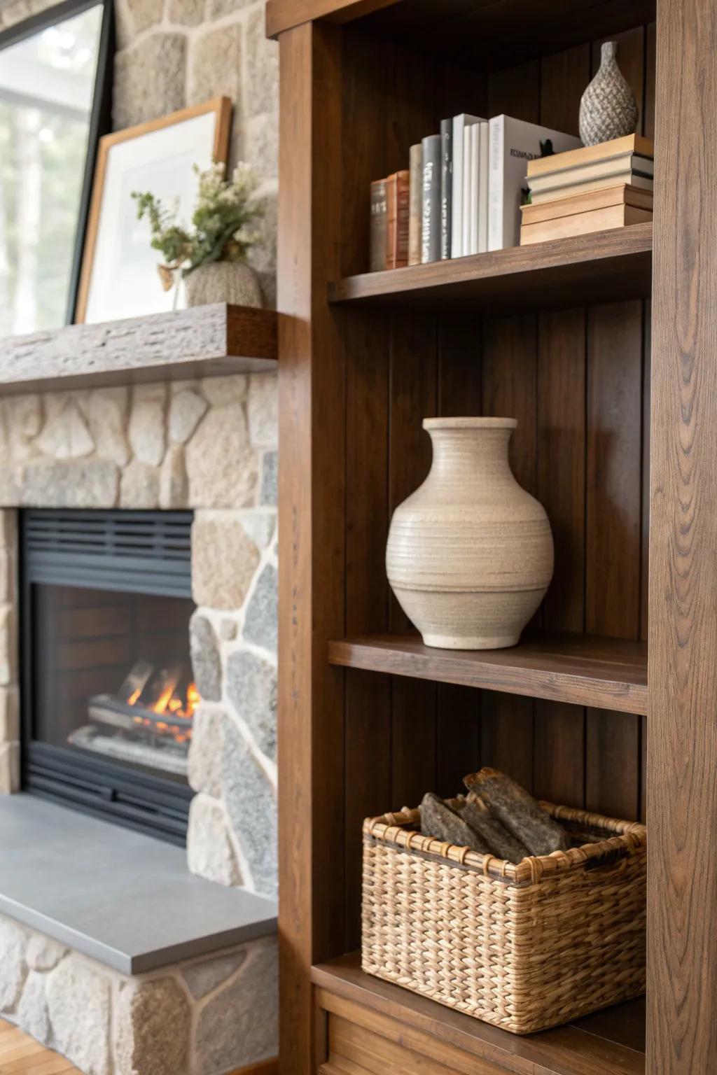 Stained wood built-ins by the hearth—minimal lines, warm grain, and mountain-cabin coziness.