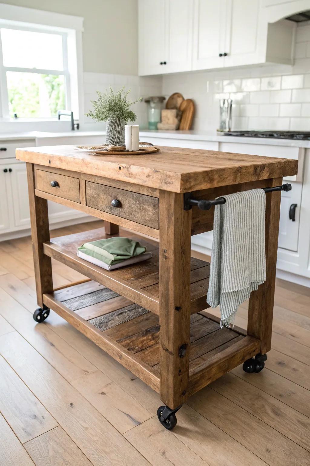 Reclaimed wood rolling island: farmhouse warmth, clean lines, and handcrafted character.