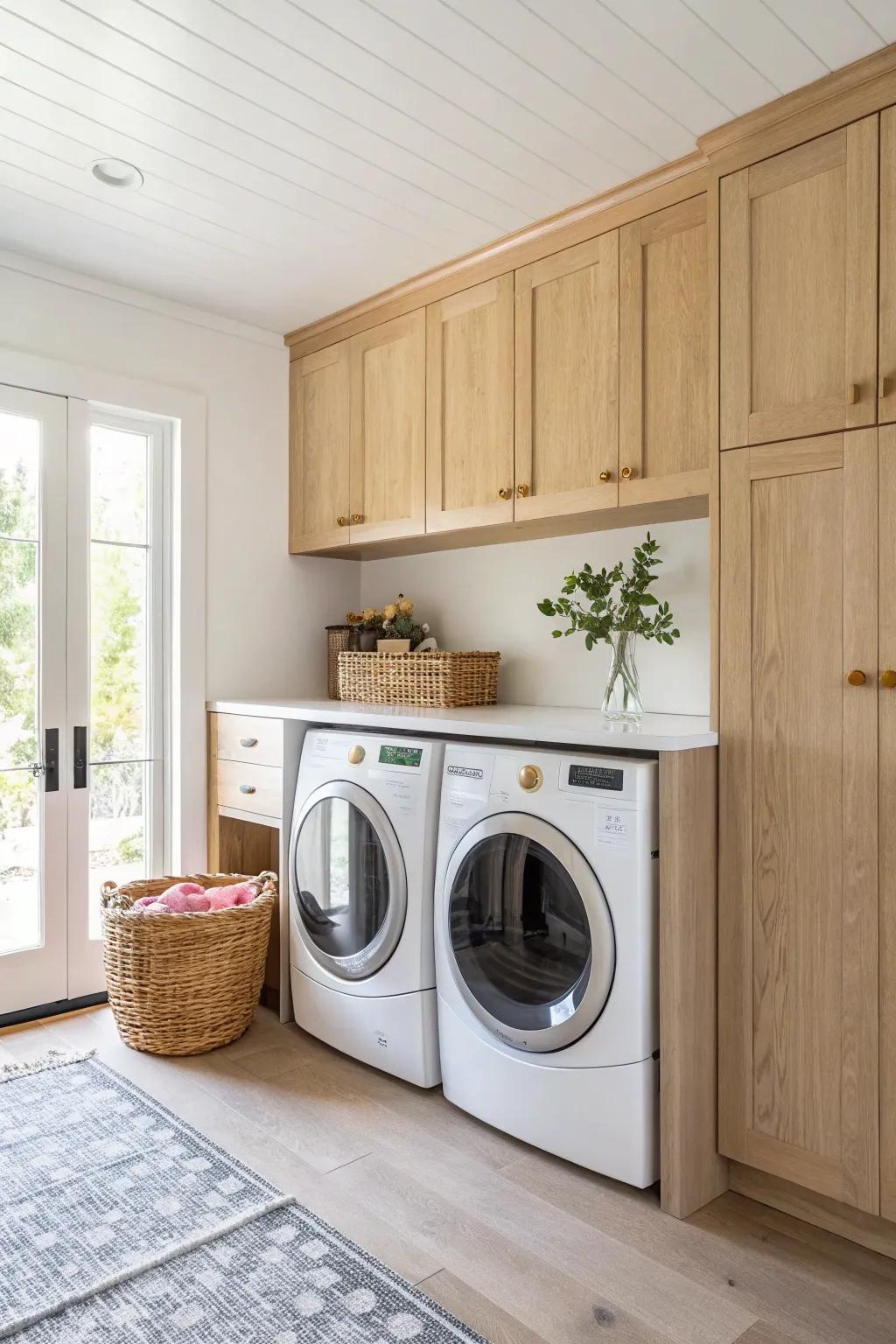 A calm, continuous cabinet run over laundry machines—storage, folding space, and style.