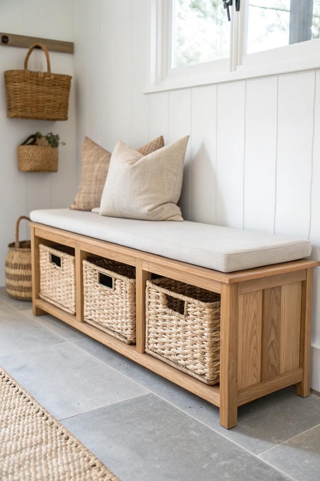 Oak basket-cubby bench that hides hats, gloves, and dog gear in seconds—tidy made easy.