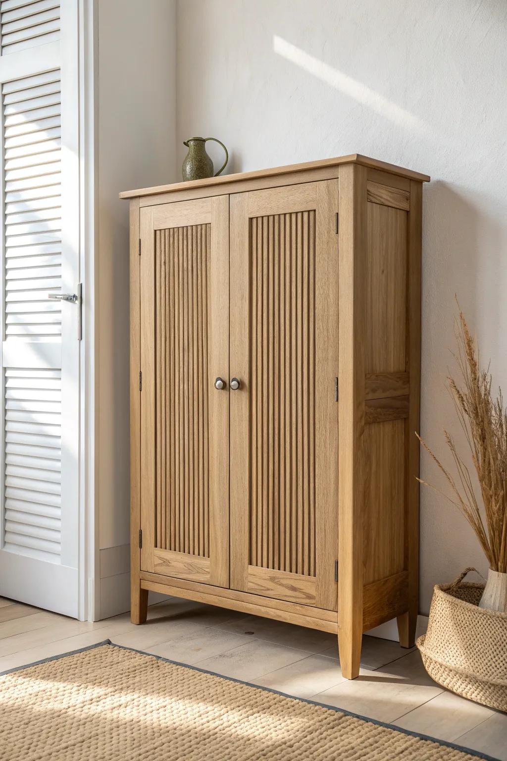 Louvered cabinet doors keep your mudroom nook calm—shoes and bags vanish in one sweep.