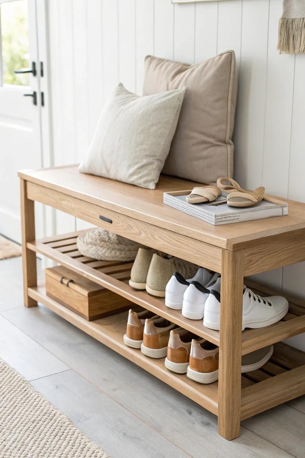 A minimalist bench with a smooth pull-out shoe shelf—easy access, clean look, tiny luxury.