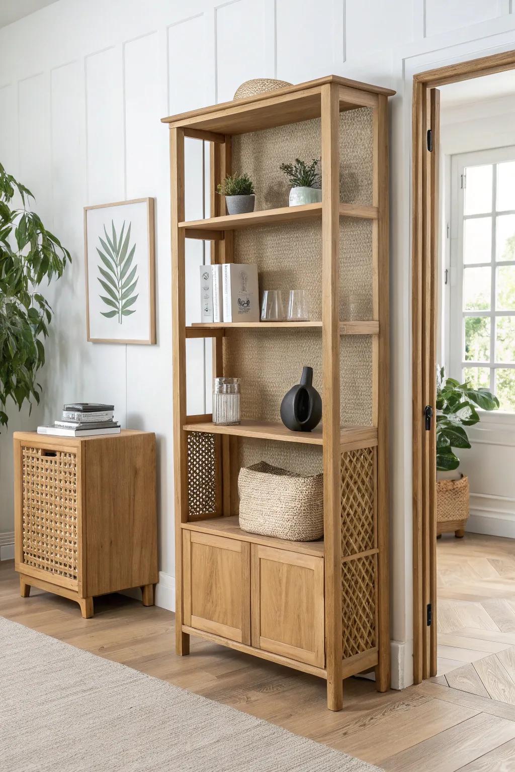 Bookcase room divider with a drop-leaf table—storage on one side, workspace on the other.