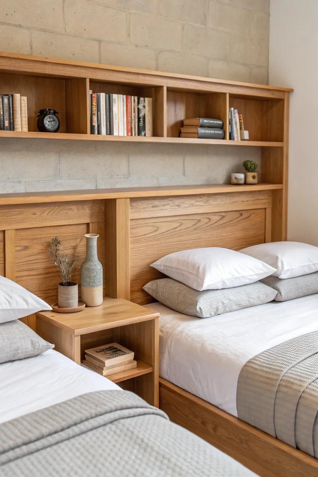 Shared-shelf headboard for two beds—crafted wood storage that keeps the whole wall serene.