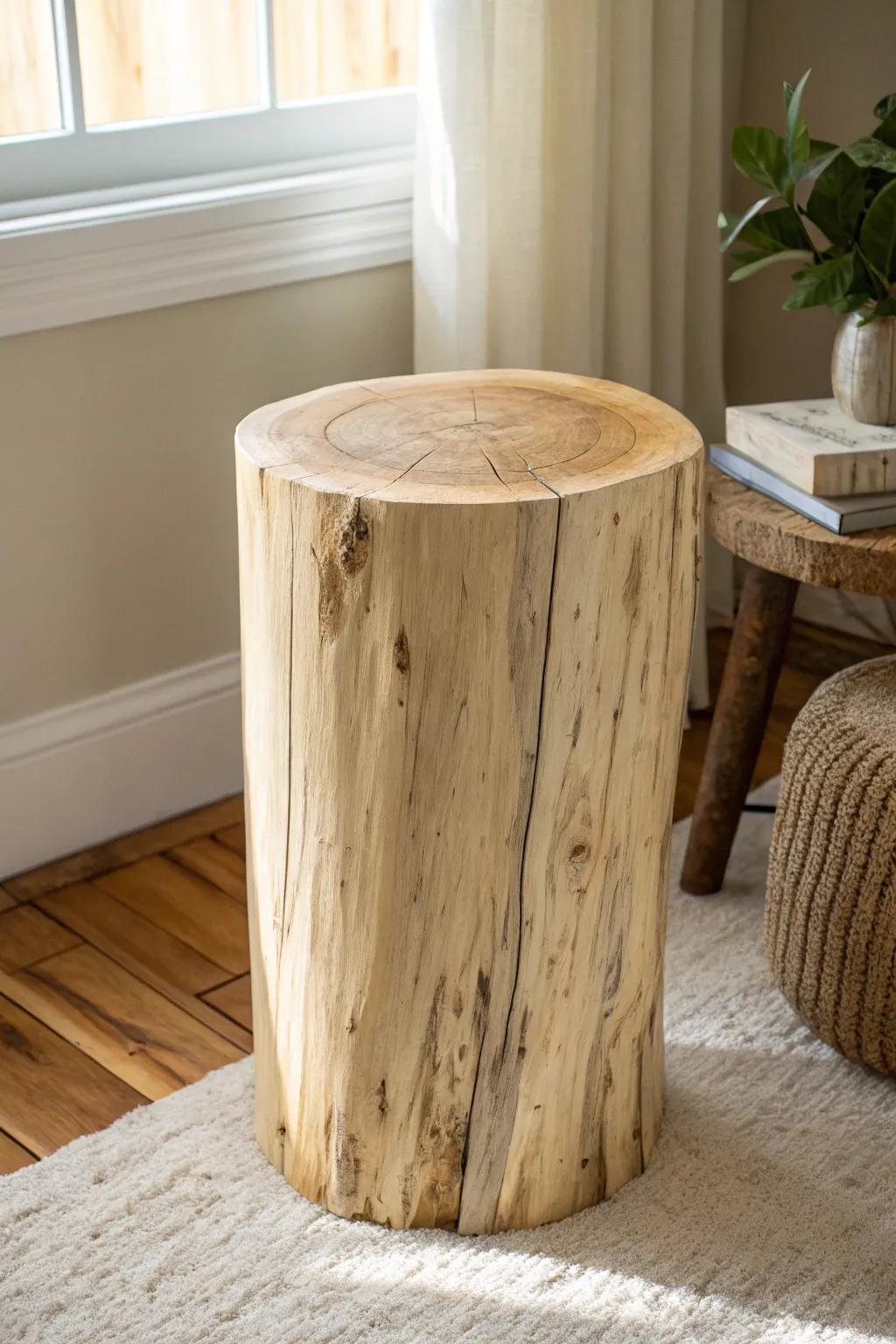 A sealed tree stump side table—minimal, boho-soft, and full of natural wood character.