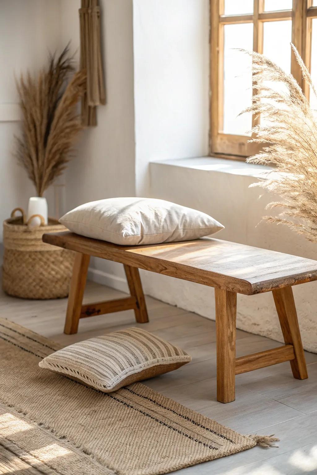A low handcrafted oak bench creates a grounded seating zone for slower, cozier mornings.