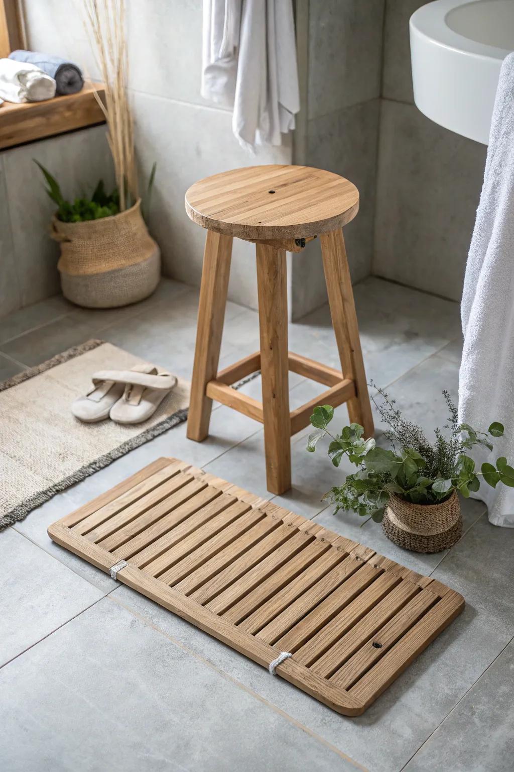 Spa calm at home: a slatted oak bath mat and simple wooden stool on cool stone.
