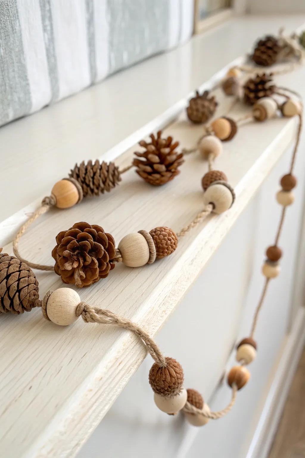 Nature-walk charm: pinecones, acorns, and wood beads woven into a minimalist garland.