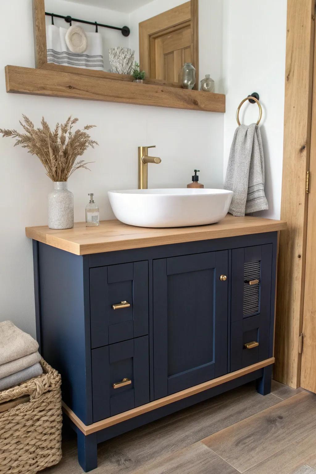 A matte navy vanity paired with warm reclaimed-wood shelving for a calm, modern contrast.
