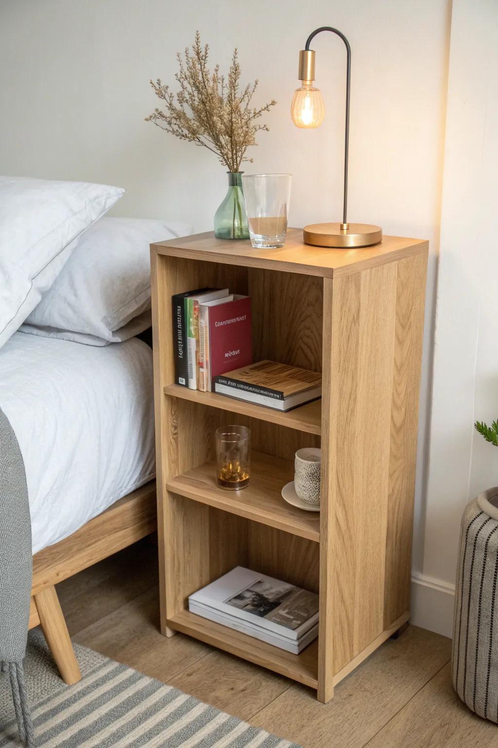 A slim bookshelf beside the bed: extra storage, soft Scandi style, and effortless calm.