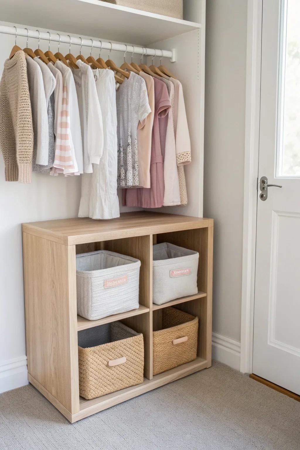 Closet-ready cube storage: warm oak cubes under tiny outfits for a built-in nursery look.