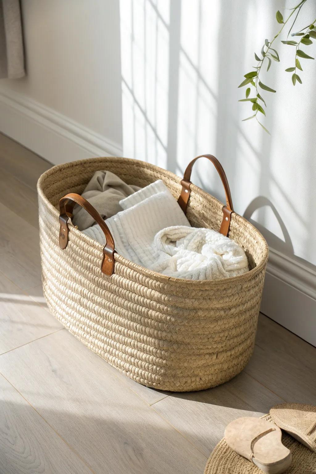 A woven basket that hides nursery chaos fast—texture, warmth, and instant calm in one piece.