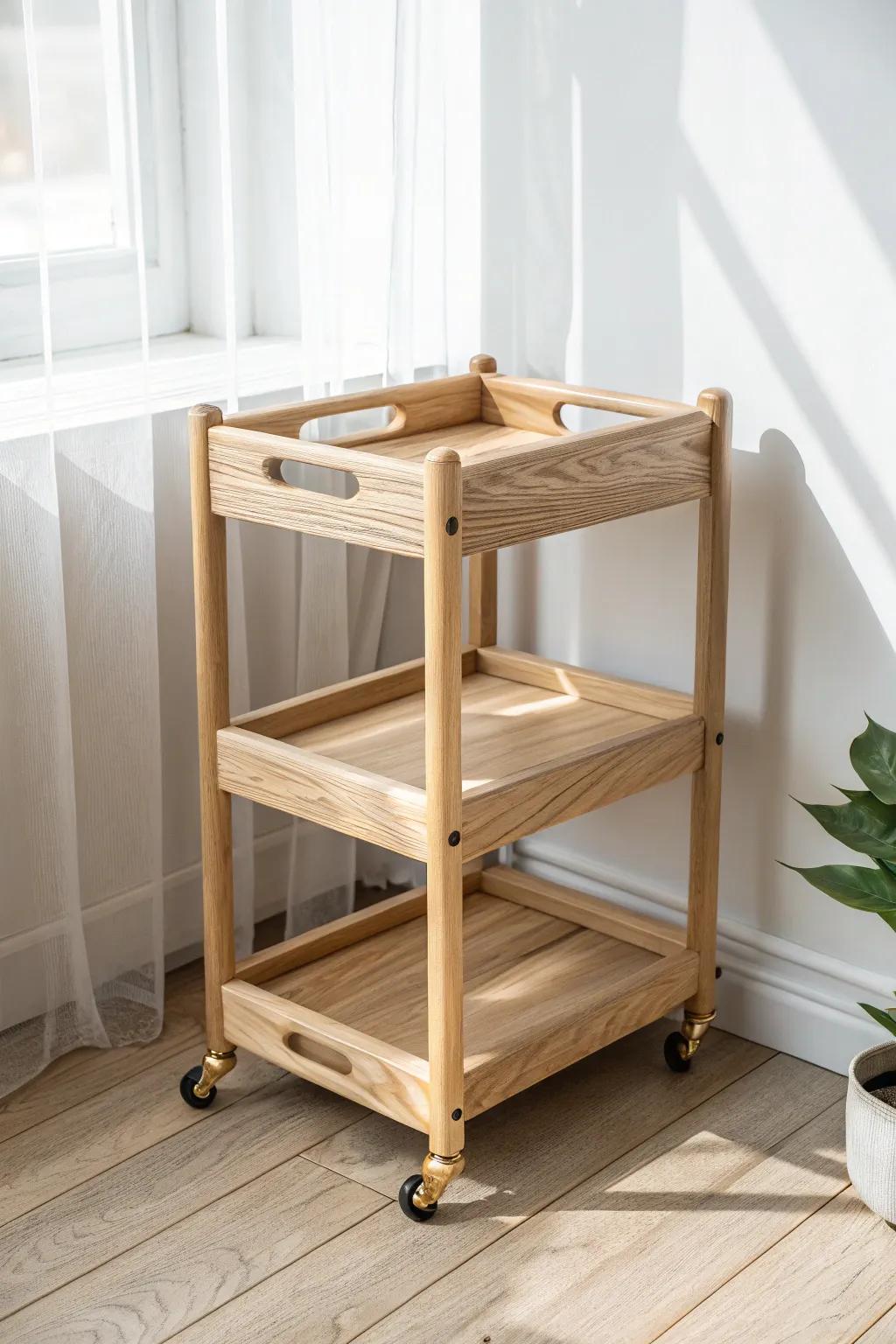 A petite rolling oak nursery cart with locking casters—tray top keeps essentials secure.
