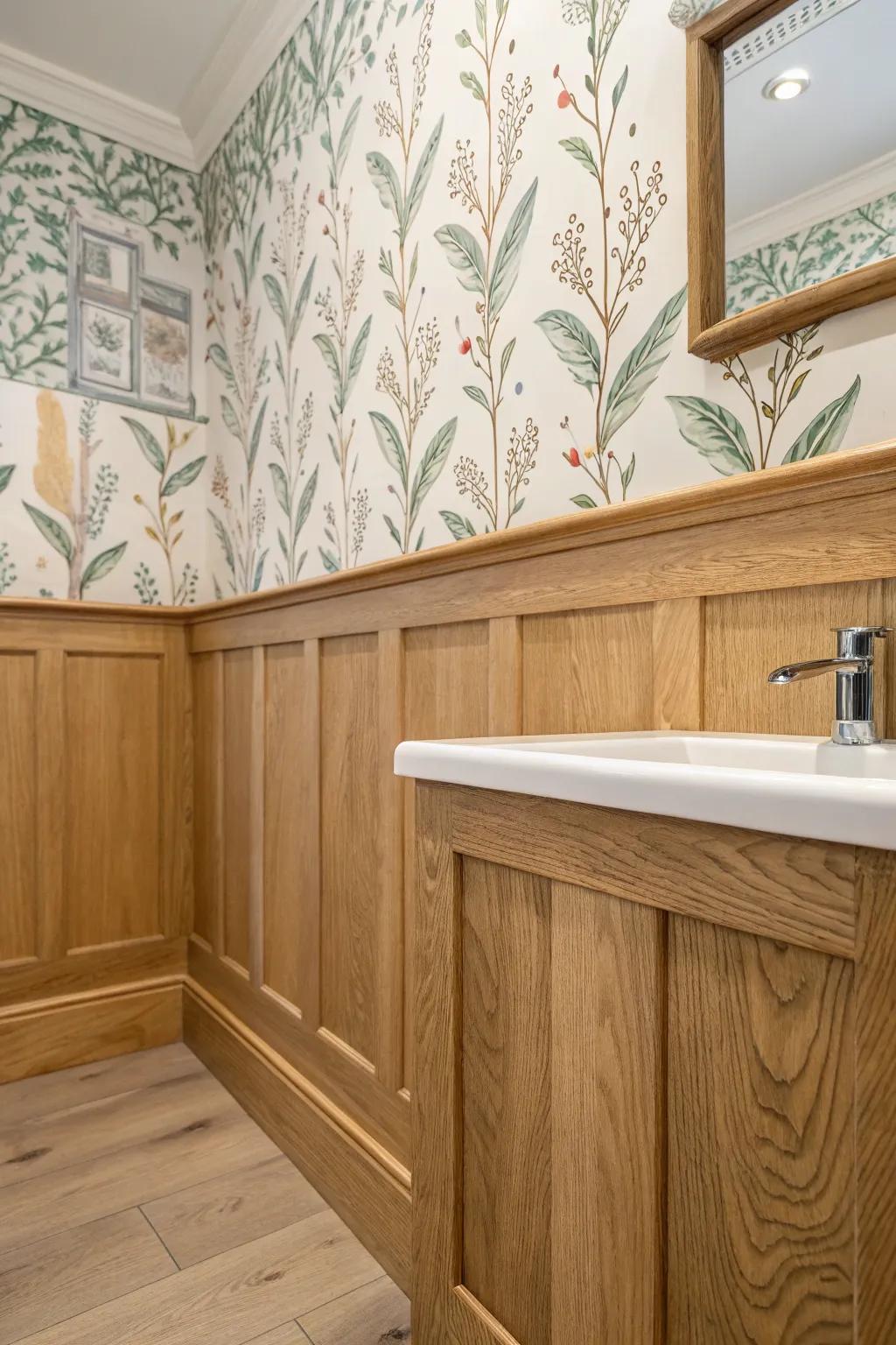 Warm oak wainscoting below, statement wallpaper above—balanced, bold, and effortlessly calm.