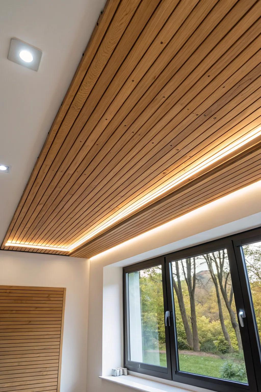 Elevate your office cabin with oak slat ceilings, boxed beams, and a soft recessed glow.