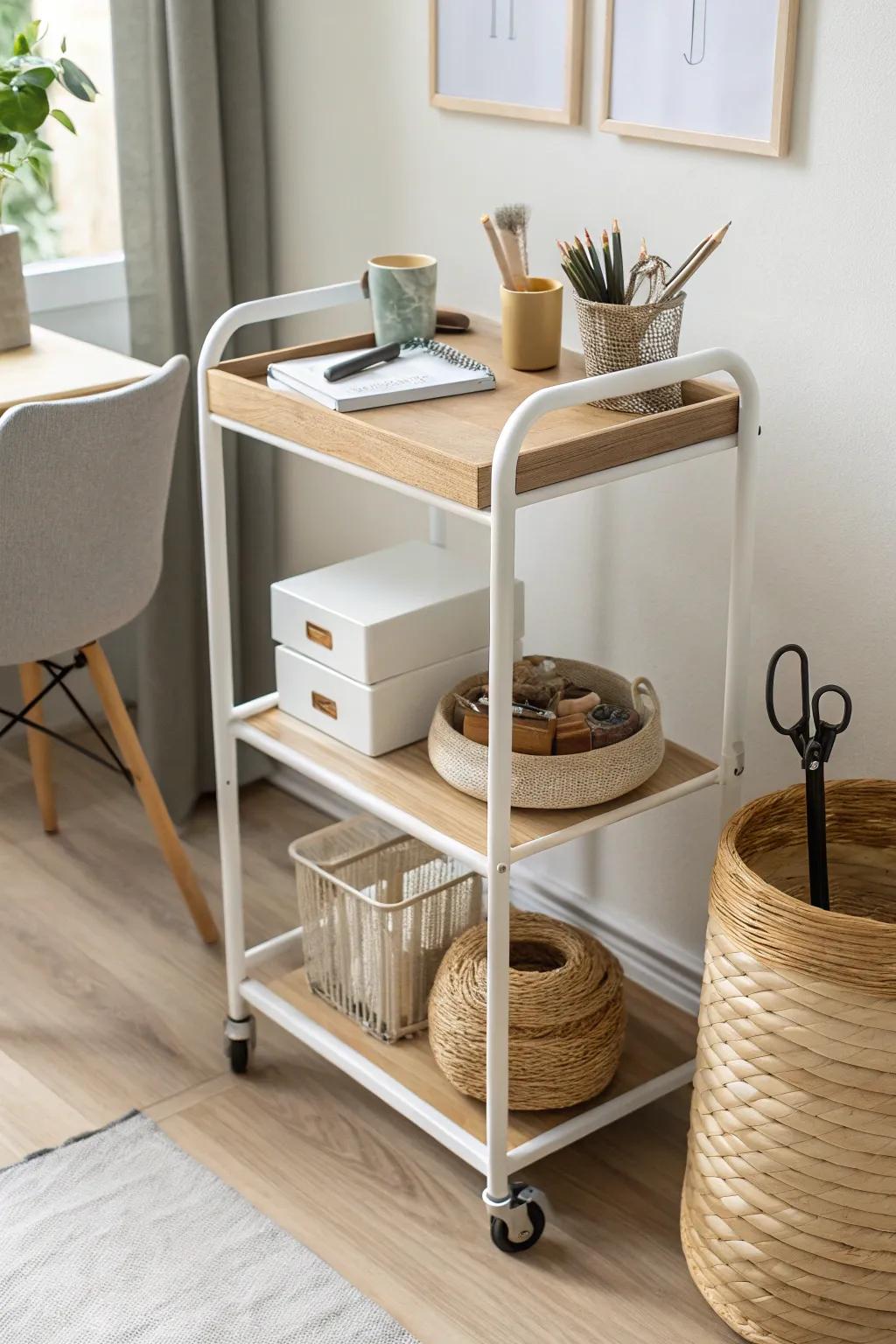 A rolling cart keeps desk essentials close—then glides away for a calmer, clearer workspace.