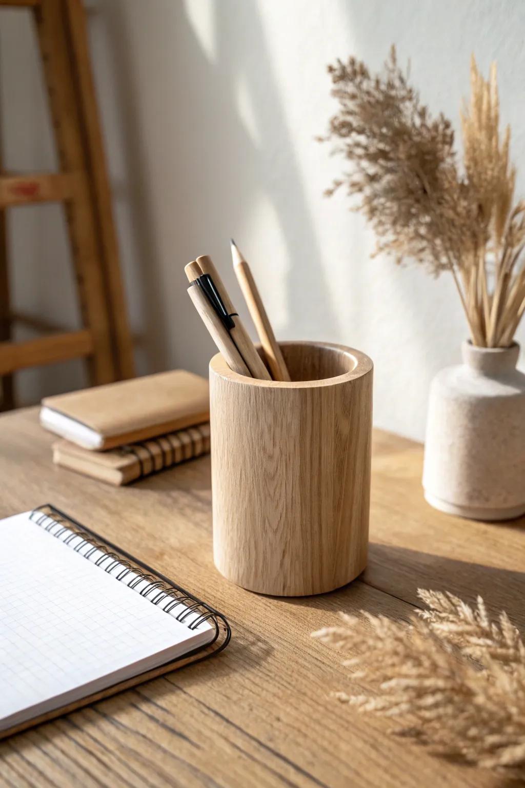 A single handcrafted wood pen cup keeps your desk calm, cohesive, and beautifully minimal.